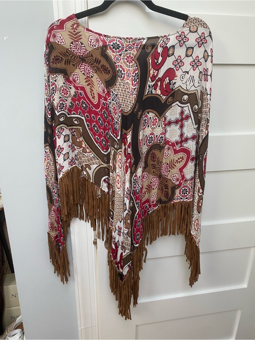 Chico's Multi-Colored Paisley Fringed Poncho with Brown Trim - Picture 4 of 7